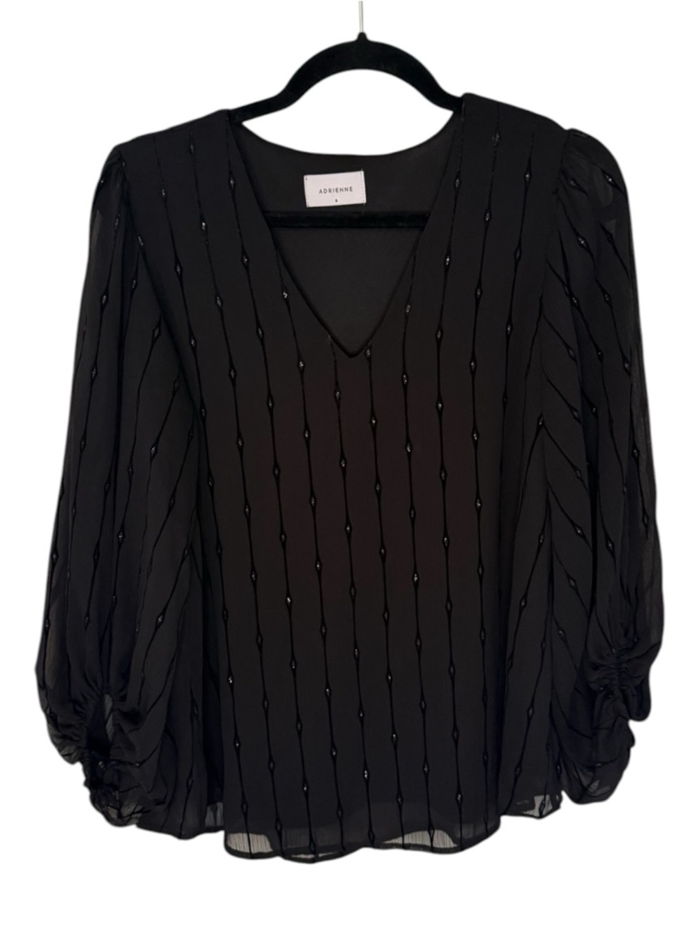 Adrienne Black V-Neck Beaded Puff-Sleeve Blouse